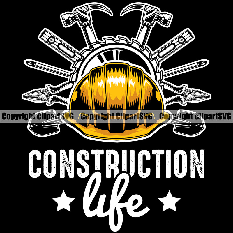 Construction Work Worker Building Contractor Helmet Hard Hat Hammer Pliers Screwdriver Builder Build Building Construction Life Quote Text Black Background Design Element Helmet Yellow Color Carpenter Business Company Job Design Logo Clipart SVG