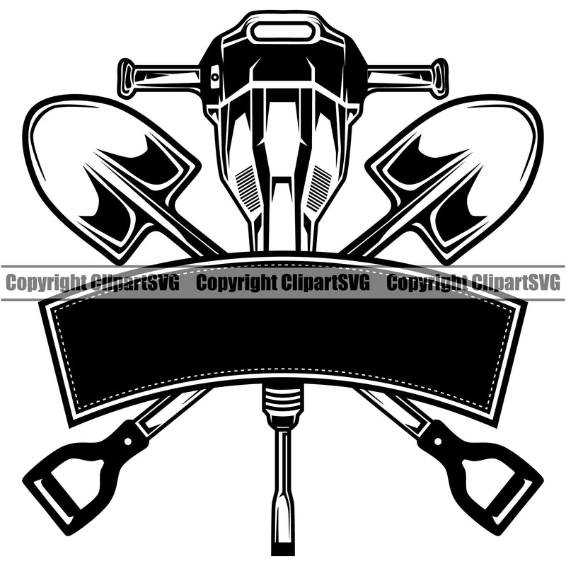 Construction Work Worker Building Contractor Jackhammer Shovel Empty Blank Banner Ribbon Builder Build Building Construction Accessories Black Color Design Element White Background Carpenter Business Company Job Design Logo Clipart SVG