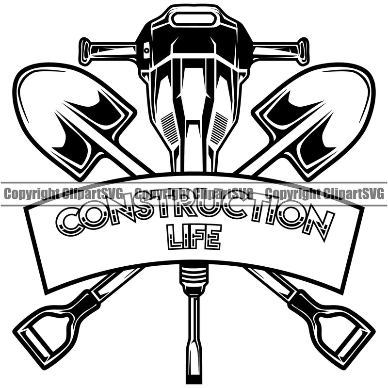 Construction Work Worker Building Contractor Jackhammer Shovel Empty Blank Banner Ribbon Construction Life Quote Text Logo White Background Design Element Builder Build Building Carpenter Business Company Job Design Logo Clipart SVG