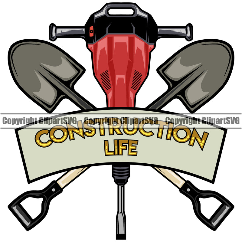 Construction Work Worker Building Contractor Builder Construction Life Jackhammer Shovel Empty Blank Banner Ribbon Color Quote Text Design Element White Background Build Building Carpenter Business Company Job Design Logo Clipart SVG