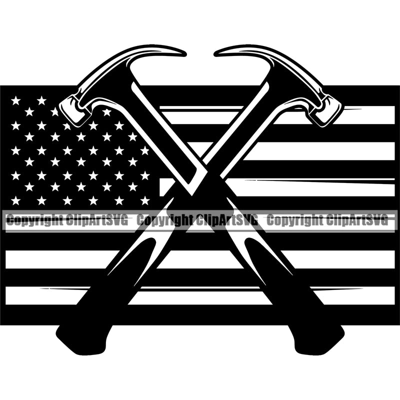 Construction Work Worker Building Contractor USA Flag Hammer Crossed Black Color Design Element White Background United State Builder Build Building Carpenter Business Company Job Design Logo Clipart SVG