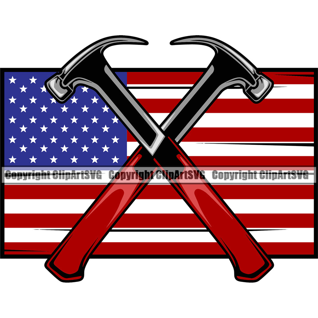 Construction Work Worker Building Contractor Builder Build Building Construction Hammer Crossed Color Design Element United States USA Flag  Carpenter Business Company Job Design Logo Clipart SVG