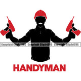 Construction Work Worker Building Contractor Handyman Red Color Quote Text Silhouette Double Hand Holding Drill Red Color Builder Build Building Carpenter Business Company Job Design Logo Clipart SVG