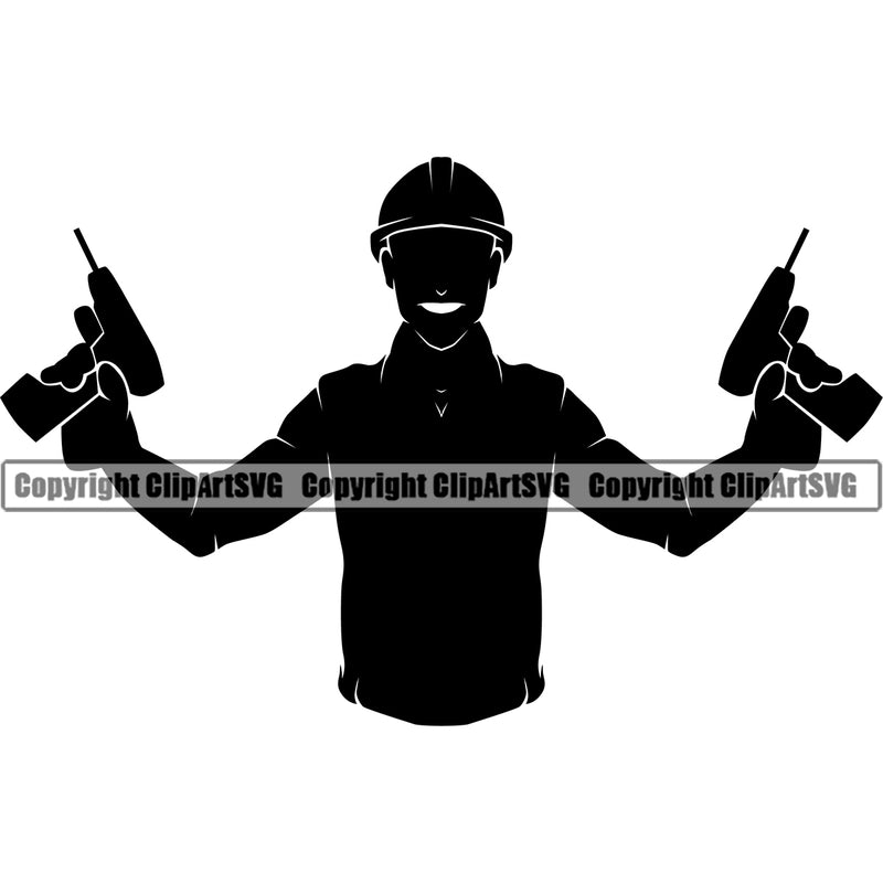 Construction Work Worker Building Contractor Builder Build Building Silhouette Construction Man Holding Double Drill Design Element Black Color Background Carpenter Business Company Job Design Logo Clipart SVG