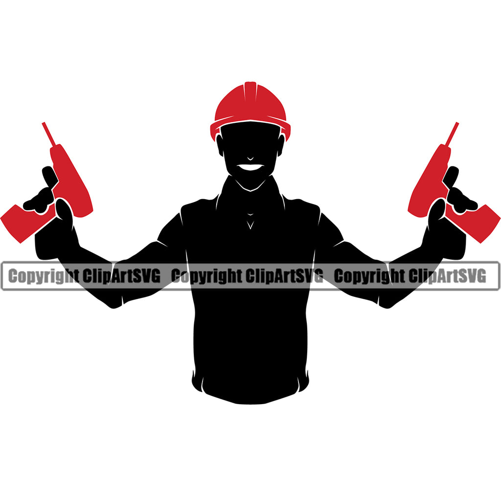 Construction Work Worker Building Contractor Builder Build Building Carpenter Silhouette Man Double Red Color Drill White Background Design Element Business Company Job Design Logo Clipart SVG