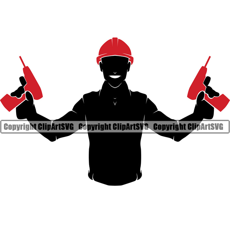 Construction Work Worker Building Contractor Builder Build Building Carpenter Silhouette Man Double Red Color Drill White Background Design Element Business Company Job Design Logo Clipart SVG
