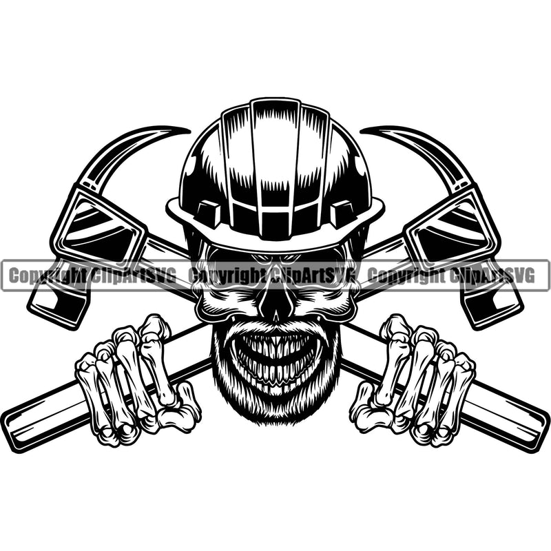 Construction Work Worker Building Contractor Skull Hammer Behind Crossed Hand Logo Head Design Element Builder Build Building Carpenter Business Company Job Design Logo Clipart SVG