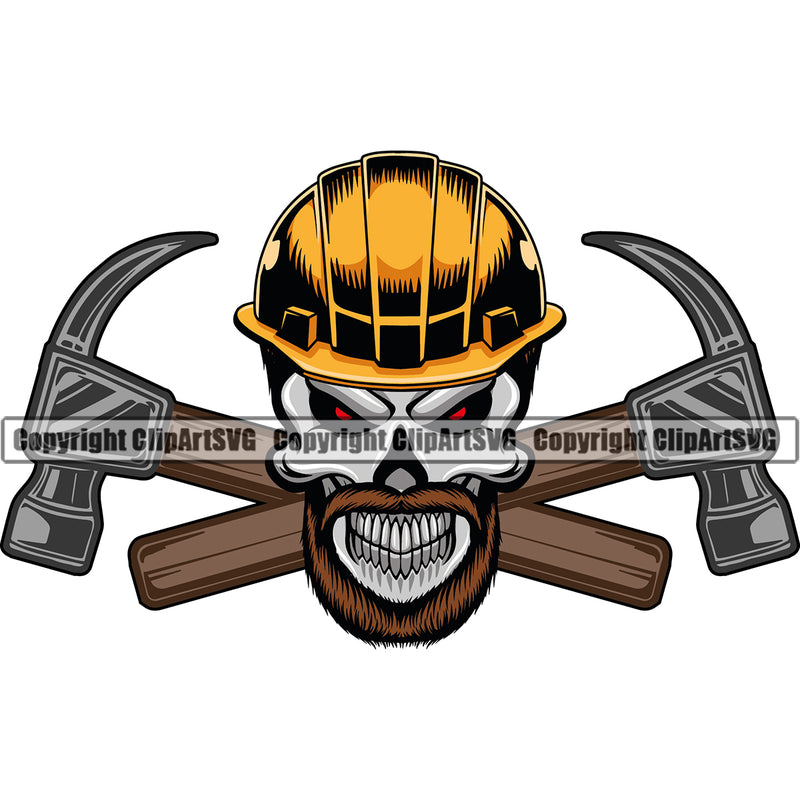 Construction Work Worker Building Contractor Skull Hammer Behind Crossed Logo Red Eyes Head Design Element Builder Build Building Carpenter Business Company Job Design Logo Clipart SVG