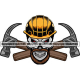 Construction Work Worker Building Contractor Skull Hammer Behind Crossed Logo Red Eyes Head Design Element Builder Build Building Carpenter Business Company Job Design Logo Clipart SVG