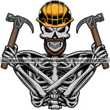 Construction Work Worker Building Contractor Builder Build Building Skull Skeleton Wearing Helmet Color Design Element Hand Holding Hammer Carpenter Business Company Job Design Logo Clipart SVG