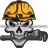 Plumbing Pipe Repair Plumber Plumb Service House Home Skull Helmet Pipe Wrench Bite Color Red Eyes Design Element Fix Sink Tool Repair Service Business Company Design Logo Clipart SVG