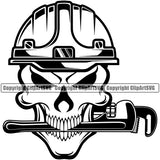 Plumbing Pipe Repair Plumber Plumb Service House Skull Wearing Helmet Pipe Wrench Bite Design Element White Background Home Fix Sink Tool Repair Service Business Company Design Logo Clipart SVG
