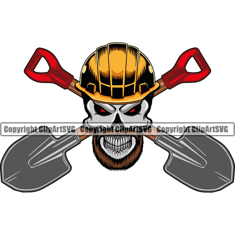 Construction Work Worker Building Contractor Builder Build Skull Shovel Behind Crossed Down Logo Building Eyes Red Color Design Element Carpenter Business Company Job Design Logo Clipart SVG