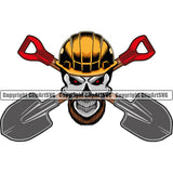Construction Work Worker Building Contractor Builder Build Skull Shovel Behind Crossed Down Logo Building Eyes Red Color Design Element Carpenter Business Company Job Design Logo Clipart SVG