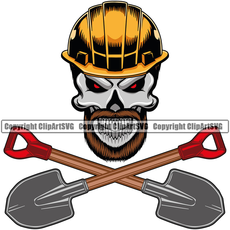 Construction Work Worker Building Skull Skeleton Red Head Design Element Shovels Crossed Repairing Tools Contractor Builder Build Building Carpenter Business Company Job Design Logo Clipart SVG
