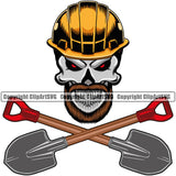 Construction Work Worker Building Skull Skeleton Red Head Design Element Shovels Crossed Repairing Tools Contractor Builder Build Building Carpenter Business Company Job Design Logo Clipart SVG