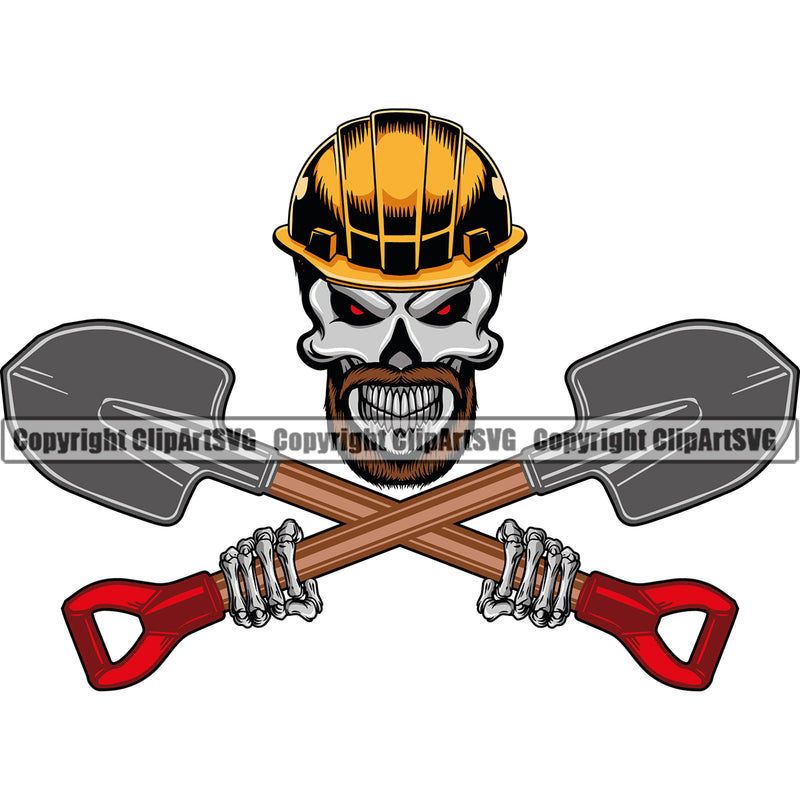 Construction Work Worker Building Contractor Builder Build Building Skull Skeleton Hand Holding Shovel Below Crossed Hand Holding Tools Red Eyes Helmet Design Element Logo Carpenter Business Company Job Design Logo Clipart SVG