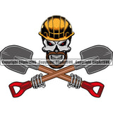 Construction Work Worker Building Contractor Builder Build Building Skull Skeleton Hand Holding Shovel Below Crossed Hand Holding Tools Red Eyes Helmet Design Element Logo Carpenter Business Company Job Design Logo Clipart SVG