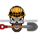 Construction Work Worker Building Contractor Builder Build Building Skull Skeleton Biting Shovel In Mouth Red Color Eyes Design Element Helmet Yellow Color Tools White Background Carpenter Business Company Job Design Logo Clipart SVG