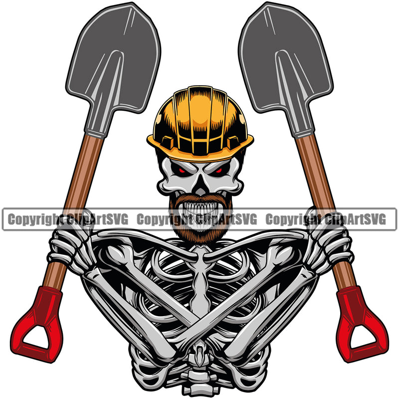 Construction Work Worker Building Contractor Builder Build Building Carpenter Skull Skeleton Body Hand Holding Shovel Crossed Tools Up Color Design Element Business Company Job Design Logo Clipart SVG