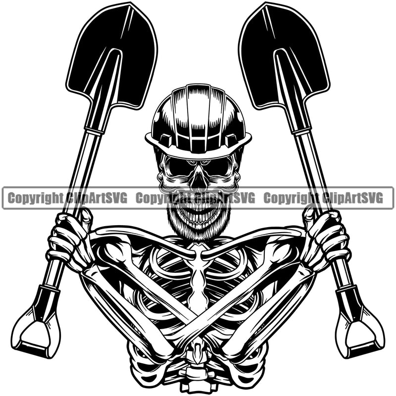 Construction Work Worker Building Contractor Builder Build Building Skull Skeleton Hand Holding Shovel Shoulder Crossed Vector Color White Background Design Element Logo Carpenter Business Company Job Design Logo Clipart SVG