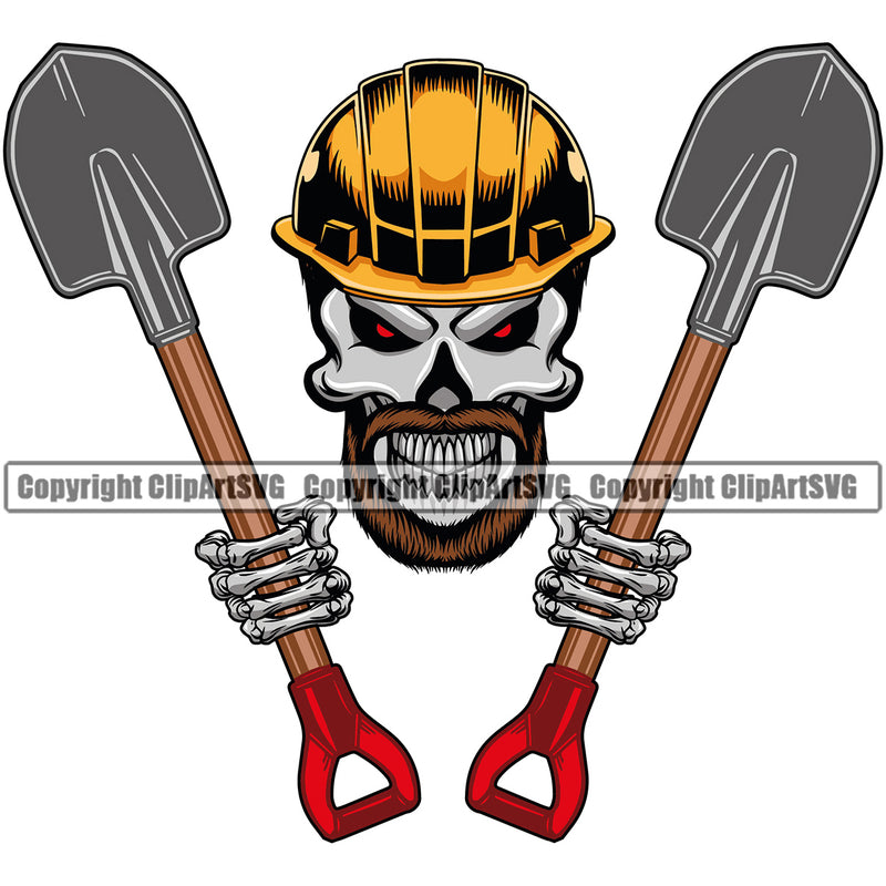 Construction Work Worker Hand Holding Shovel Mine Miner Mining Building Contractor Builder Build Construction Skull Shovel Side Hand Logo Color Design Element Building Carpenter Business Company Job Design Logo Clipart SVG