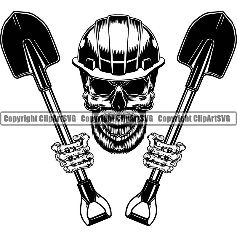 Construction Work Worker Hand Holding Shovel Mine Miner Mining Building Contractor Builder Construction Skull Shovel Side Hand Holding Tools Black Color Design Element Logo Building Carpenter Business Company Job Design Logo Clipart SVG