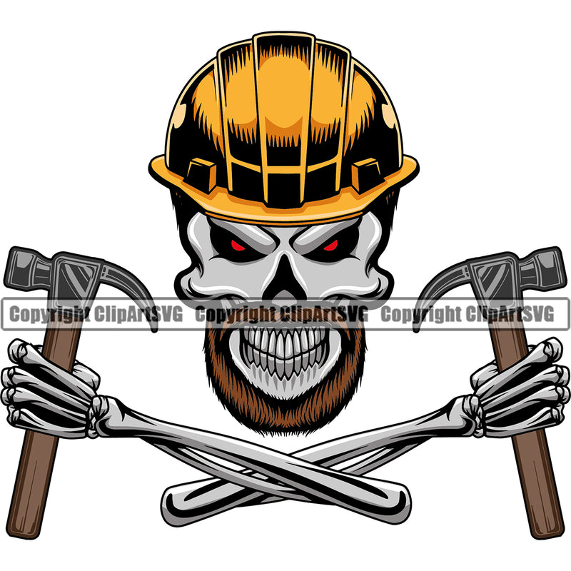 Construction Work Worker Hand Holding Hammer Mine Miner Mining Building Contractor Builder Build Building Skull Skeleton Arms Color Head White Background Design Element Carpenter Business Company Job Design Logo Clipart SVG