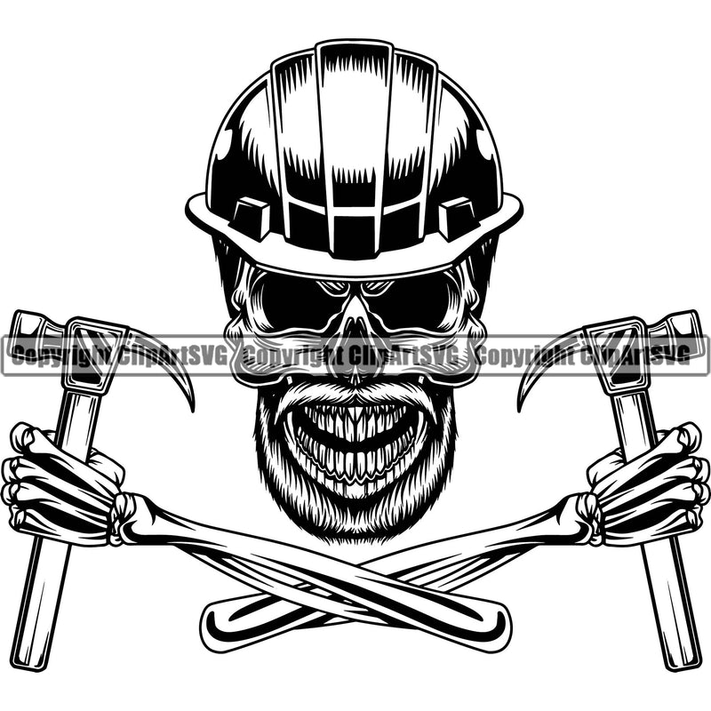 Construction Work Worker Hand Holding Hammer Building Contractor Builder Build Building Skull Skeleton Crossed Arms Hand Holding Hammer Design Element Carpenter Business Company Job Design Logo Clipart SVG