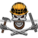 Construction Work Worker Hand Holding Hammer Level Building Contractor Builder Build Building Skull Skeleton Yellow Color Hat Crossed Arms Design Element Carpenter Business Company Job Design Logo Clipart SVG