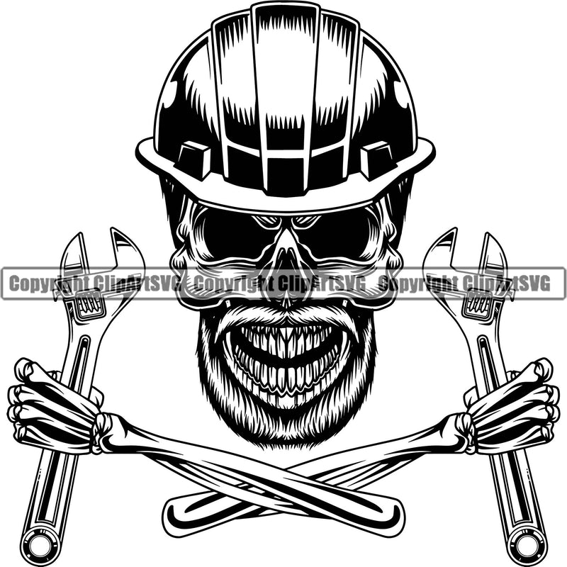 Construction Work Worker Hand Holding Hammer Building Contractor Builder Skull Skeleton Double Hand Tools Design Element Building Carpenter Business Company Job Design Logo Clipart SVG