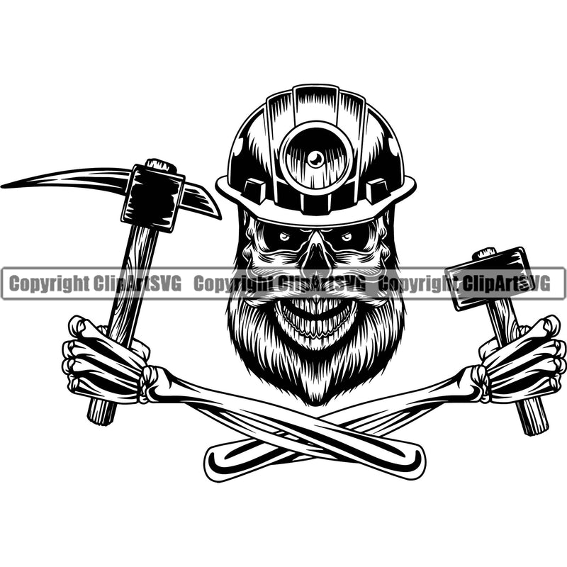 Mining Miner Mining Dig Digging Skull Skeleton Hammer Holding Hand Vector Design Element White Background Coal Rock Tool Repair Service Business Company Design Logo Clipart SVG