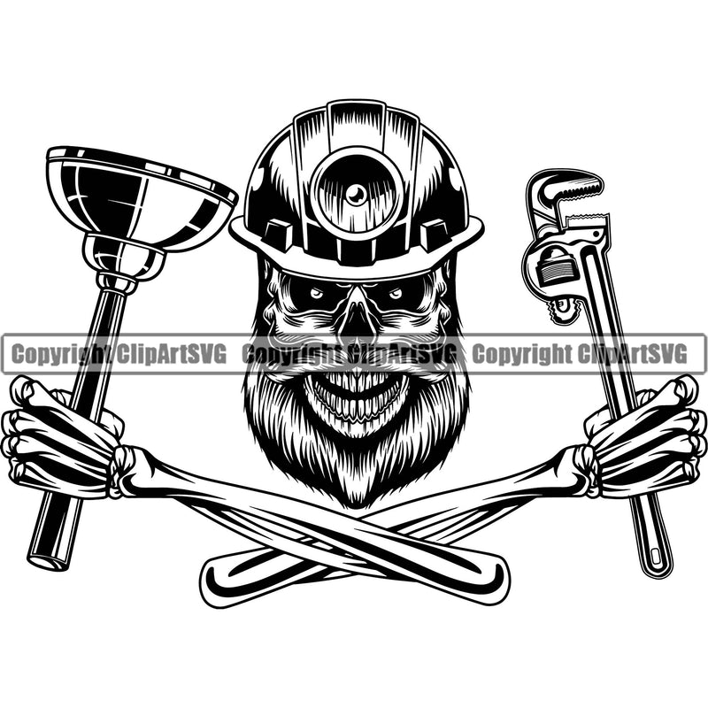 Plumbing Pipe Repair Plumber Plumb Service House Home Fix Sink Skull Skeleton Cross Arms Holding Tool Hand White Background Repair Service Business Company Design Logo Clipart SVG
