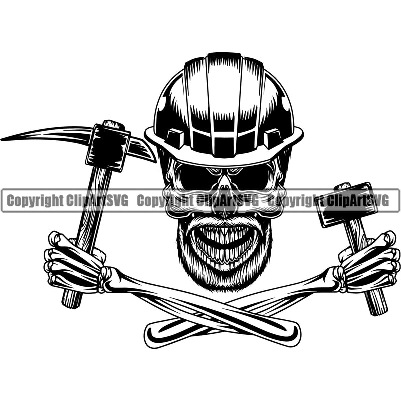 Miner Mining Mine Construction Work Worker Building Contractor Builder Build Worker Skull Skeleton Crossed Arms Hand Holding Hammer Design Element White Background Building Carpenter Business Company Job Design Logo Clipart SVG