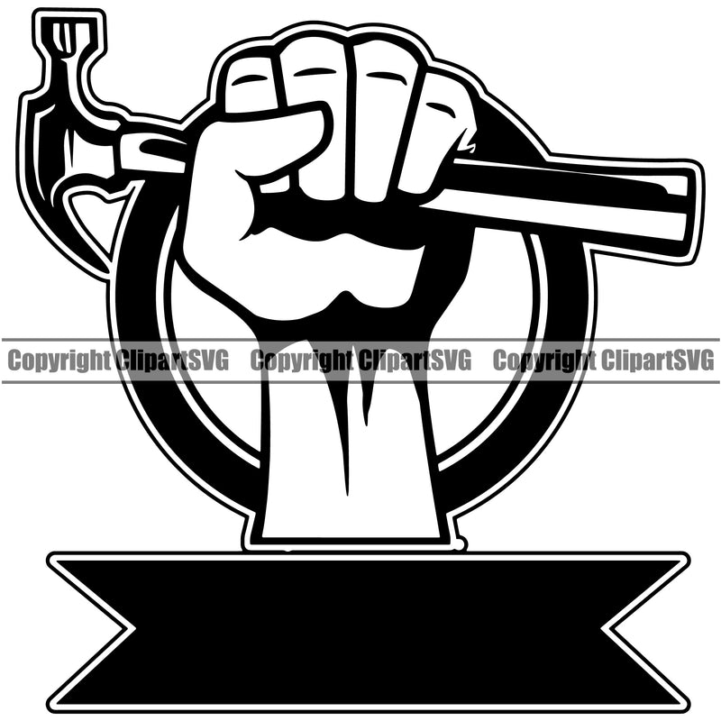Construction Work Worker Building Contractor Builder Build Building Construction Arms Hand Holding Hammer Up Logo Design Element White Background Carpenter Business Company Job Design Logo Clipart SVG