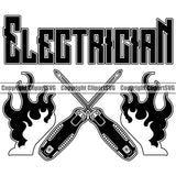 Electrician Electric Worker Work Technician Tech Construction Electrical Repair Screwdriver Fire Flames Tools Crossed Fire Black Color Design Element White Background Service Job Company Business Design Logo Clipart SVG