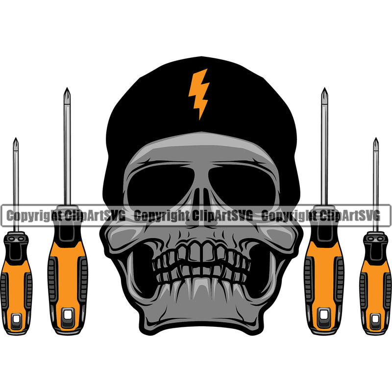 Electrician Electric Worker Work Technician Tech Construction Electrical Repair Tools With Skull Skeleton Had Wearing Cap Color Design Element Service Job Company Business Design Logo Clipart SVG