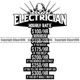 Electrician Funny Hourly Rate Electric Worker Work Technician Tech Construction Electrical Skull Head Quote Text Tree Design Element Vector Image Repair Service Job Company Business Design Logo Clipart SVG