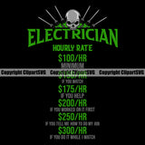 Electrician Funny Hourly Rate Electric Worker Work Technician Tech Construction Electrical Skull Head Quote Text Green Color Tree Design Element Black Background Vector Image Repair Service Job Company Business Design Logo Clipart SVG