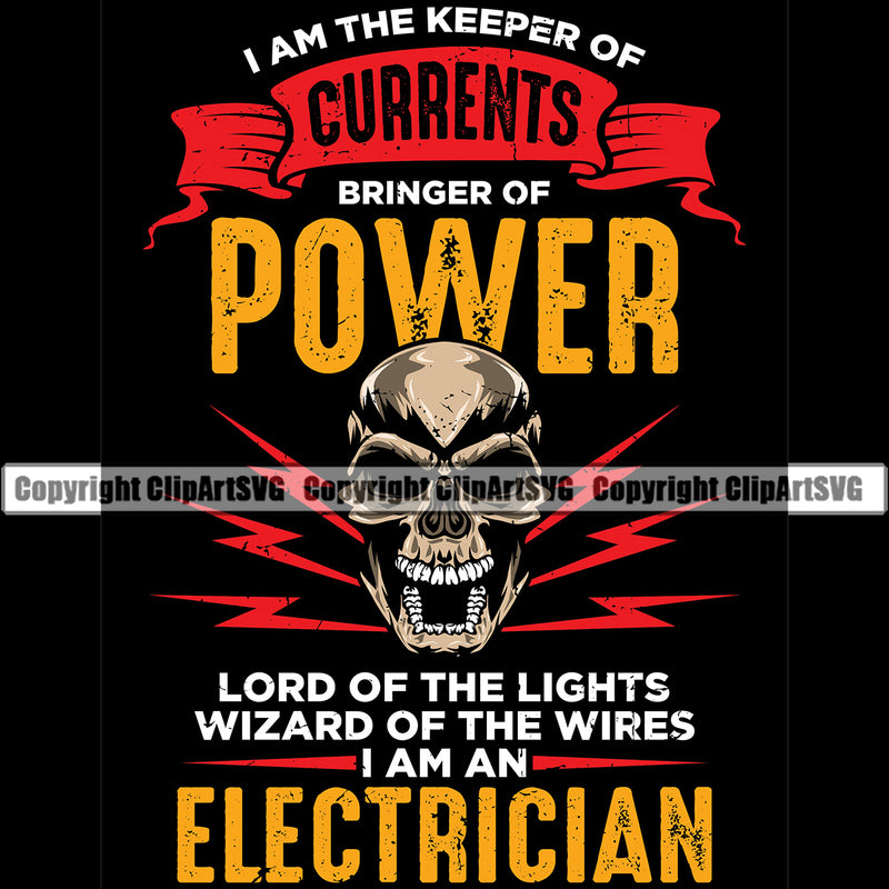 Electrician Electric Worker Work Technician Tech Construction Electrical Skull Head Angry Face Currents Bringer Of Power Electrician Black Background Design Element Repair Service Job Company Business Design Logo Clipart SVG