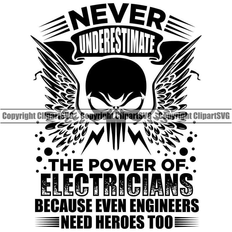 Electrician Electric Worker Work Technician Tech Construction Skull Head With Wings Design Element Electrical Repair Service Job Company Business Design Logo Clipart SVG