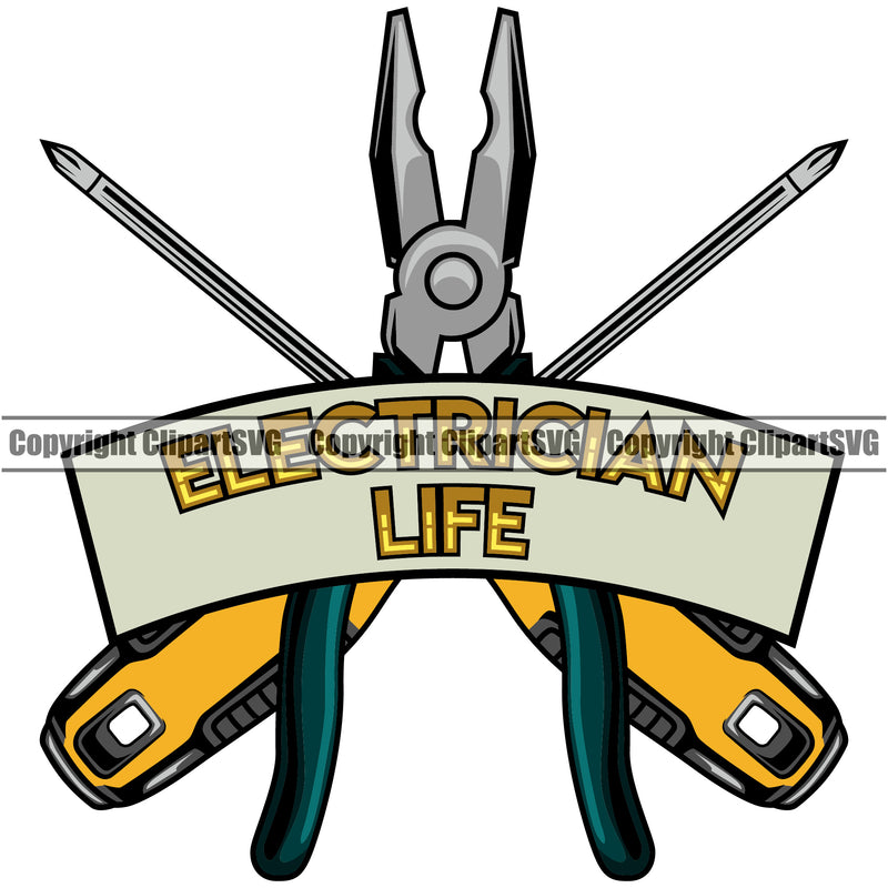 Electrician Electric Worker Work Technician Tech Construction Electrical Repair Wire Cutter Pliers Screwdriver Tools White Background Color Design Element Service Job Company Business Design Logo Clipart SVG