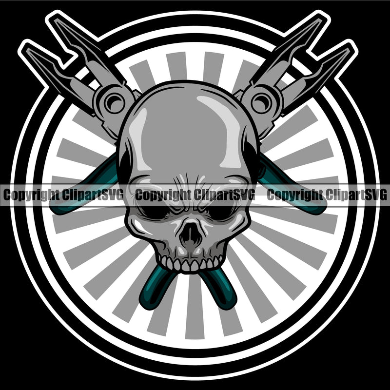 Electrician Electric Worker Work Technician Tech Construction Electrical Repair Tools Skull Skeleton Color Head Black Background Design Element Service Job Company Business Design Logo Clipart SVG
