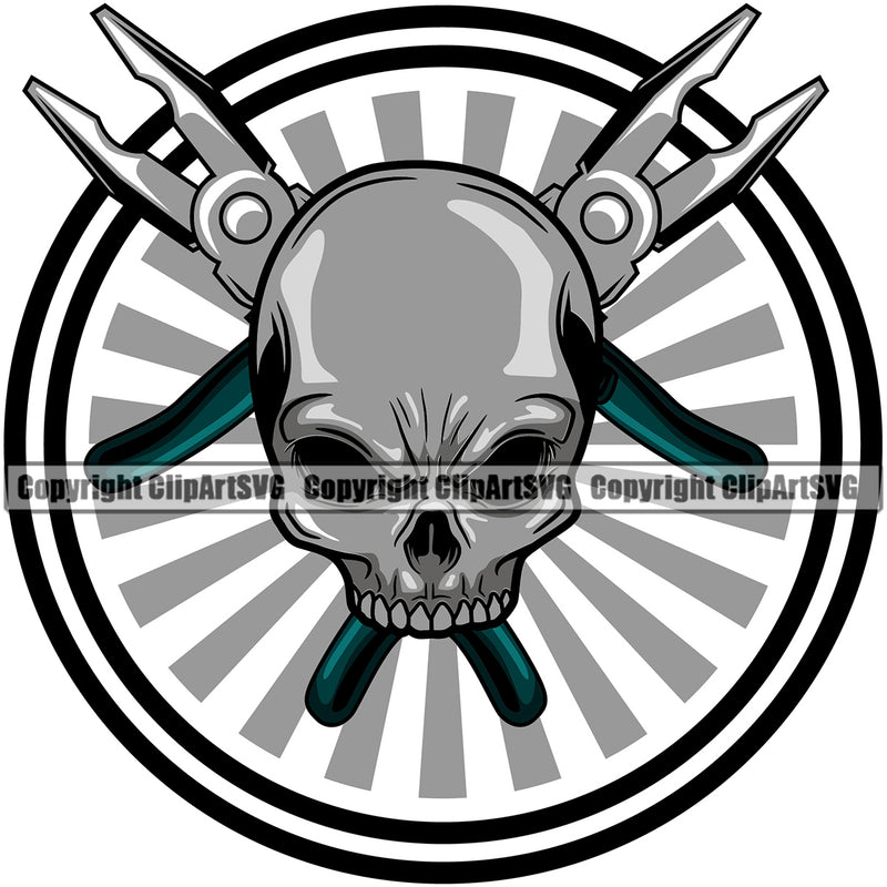 Electrician Electric Worker Work Technician Tech Skull Skeleton Head With Repair Tools Color Design Element Construction Electrical Repair Service Job Company Business Design Logo Clipart SVG