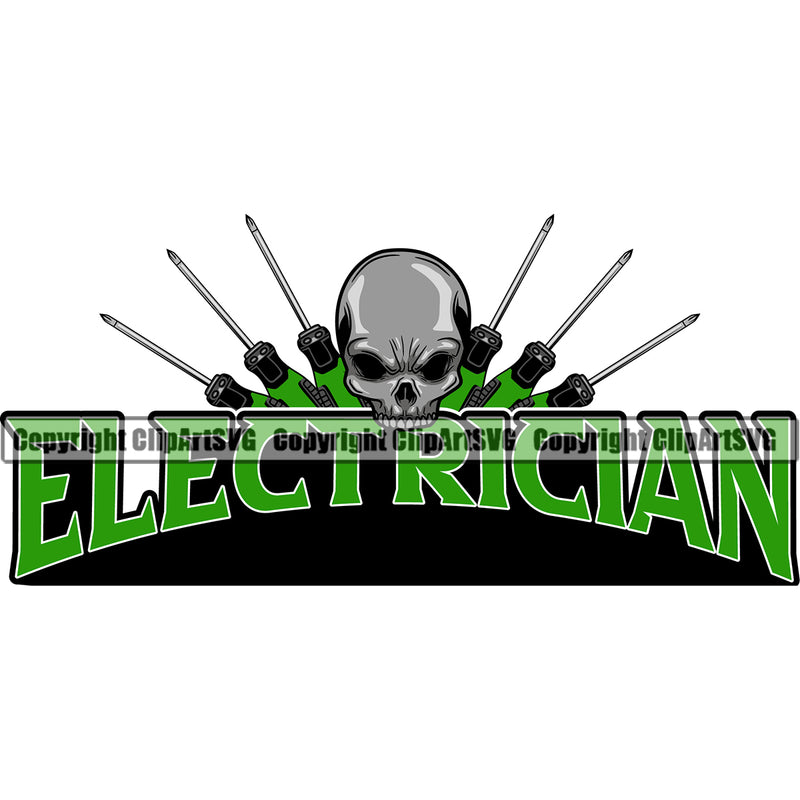 Electric Worker Work Technician Tech Skull Head Sunrise Design Element Electrician Green Color Quote Text White Background Construction Electrical Repair Service Job Company Business Design Logo Clipart SVG