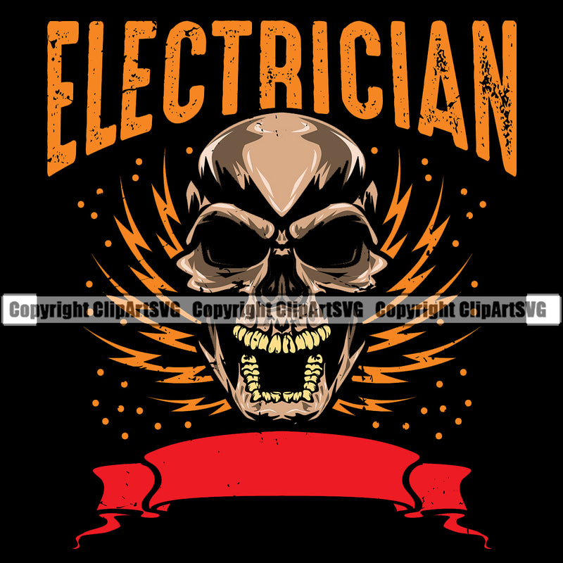 Electrician Electric Worker Work Technician Skull Skeleton Angry Face Black Background With Electrician Quote Text Design Element Tech Construction Electrical Repair Service Job Company Business Design Logo Clipart SVG