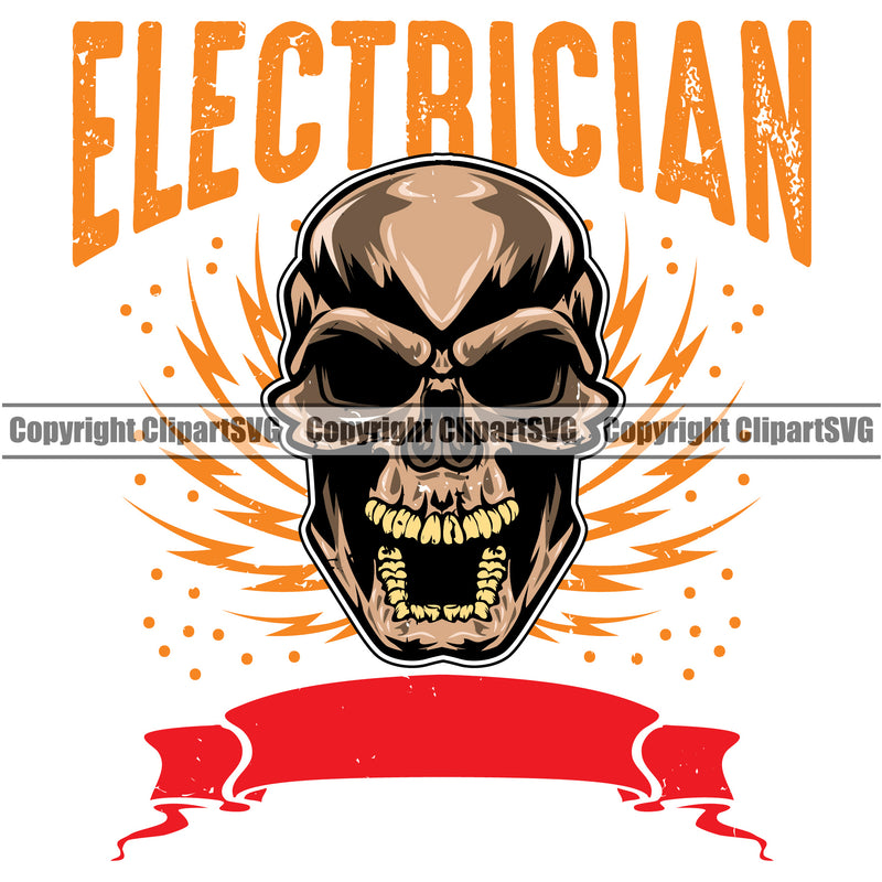 Electrician Electric Worker Work Technician Tech Skull Skeleton Color Head White Background Electrician Quote Text Design Element Construction Electrical Repair Service Job Company Business Design Logo Clipart SVG