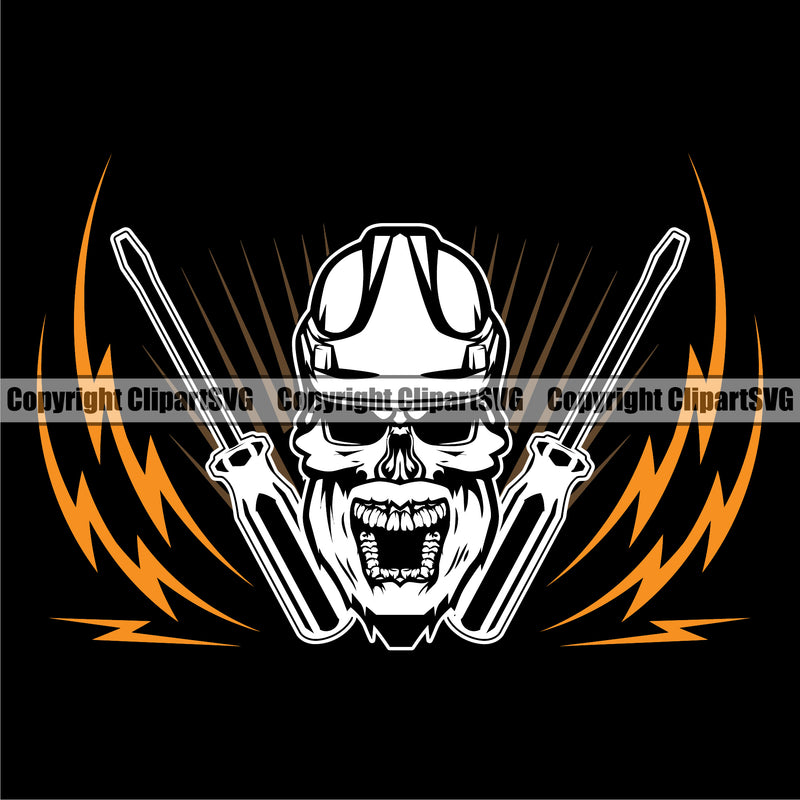 Electrician Electric Worker Work Technician Tech Skull Skeleton Angry Face Black Color Background Design Element Construction Electrical Repair Tools Service Job Company Business Design Logo Clipart SVG