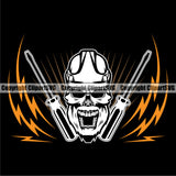 Electrician Electric Worker Work Technician Tech Skull Skeleton Angry Face Black Color Background Design Element Construction Electrical Repair Tools Service Job Company Business Design Logo Clipart SVG