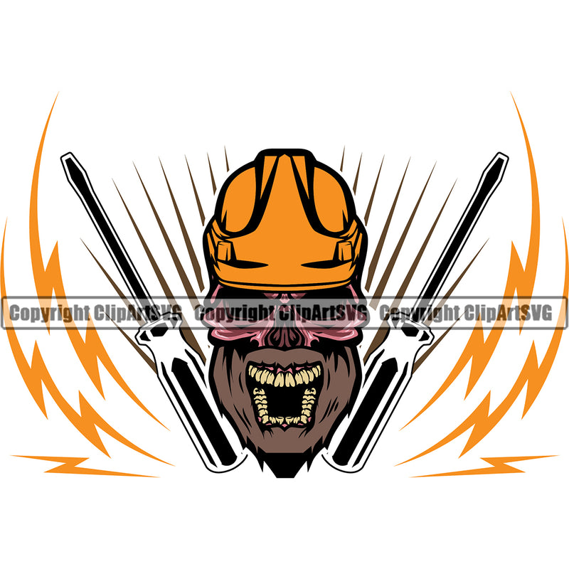 Electrician Electric Worker Work Technician Tech Skull Skeleton Color Head Angry Face White Background Design Element Construction Electrical Repair Tools Service Job Company Business Design Logo Clipart SVG